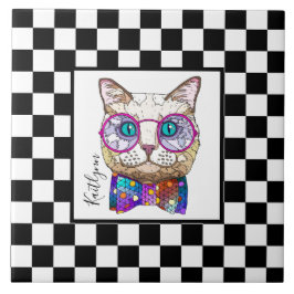 Azulejo De Cerâmica Xadrez retro preto e branco, gato hipster, persona
