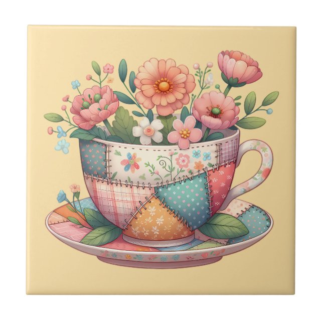 Azulejo De Cerâmica Xícara de Chá em Patchwork com Flores Caprichosas (Frente)
