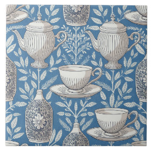Azulejo De Cerâmica Xícaras de chá azuis com design de folhas vintage