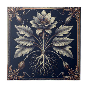 Azulejo De Cerâmica Xilogravura dourada de raiz de papoula botânica vi