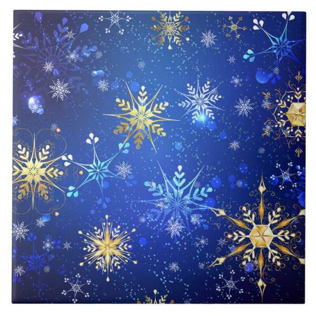 Azulejo De Cerâmica XMAS Blue Background with Golden Snowflakes (Frente)