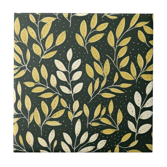 Azulejo De Cerâmica Yellow and Cream Leafy Branches Pattern  (Frente)
