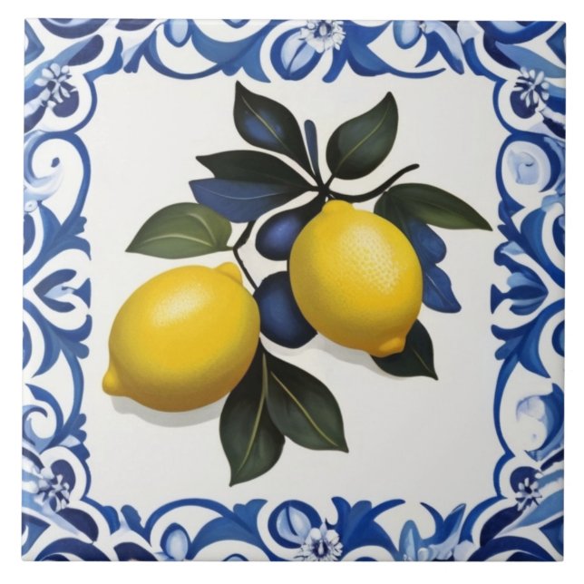 Azulejo De Cerâmica Yellow Lemons with Blue and White Border (Frente)
