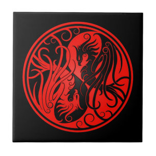 Azulejo De Cerâmica Yin vermelho e preto Yang Phoenix