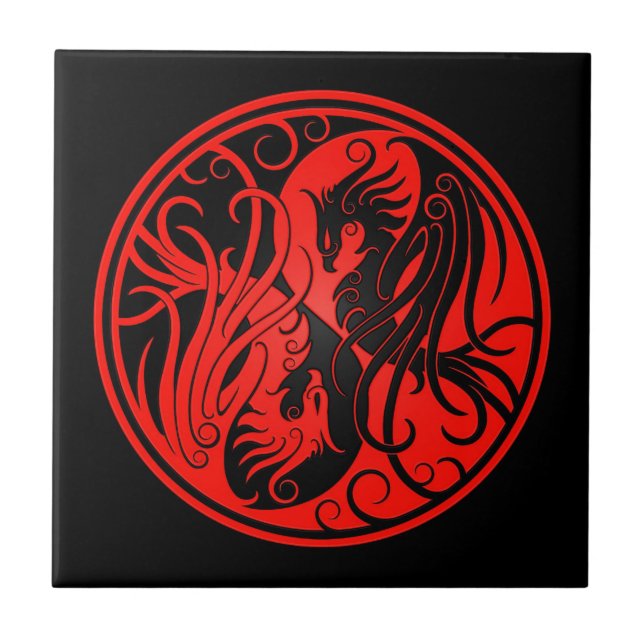 Azulejo De Cerâmica Yin vermelho e preto Yang Phoenix (Frente)