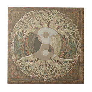 Azulejo De Cerâmica Yin Yang Tree of Life Tan and Brown