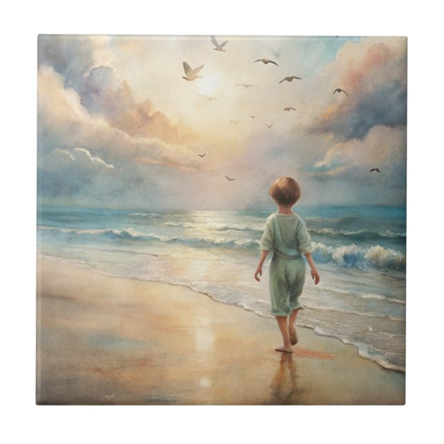 Azulejo De Cerâmica Young Boy on Beach (Frente)