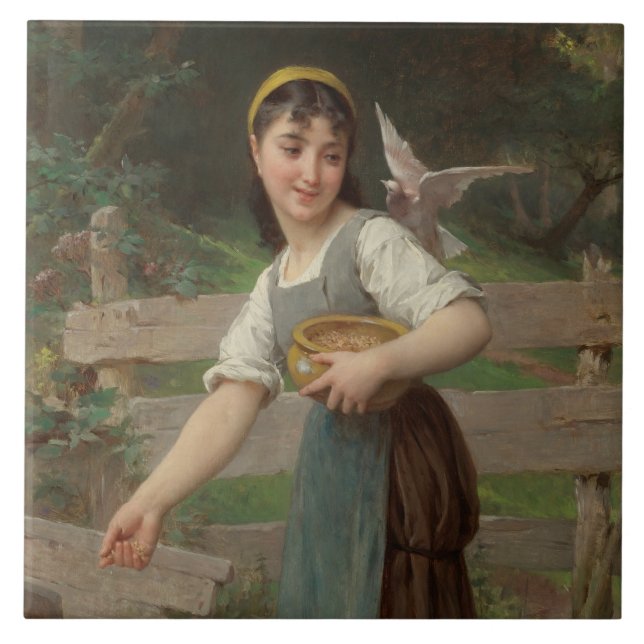 Azulejo De Cerâmica Young Girl Feeding the Doves (por Émile Munier) (Frente)