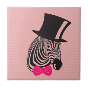 Azulejo De Cerâmica Zebra do hipster com chapéu alto e laço
