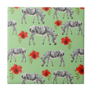 Azulejo De Cerâmica Zebras Entre Flores de Hibiscus