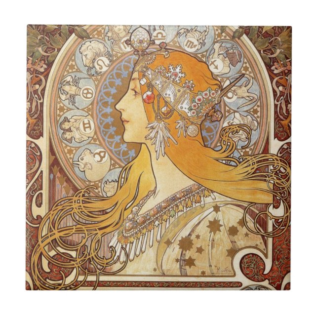 Azulejo De Cerâmica Zodiac por Alphonse Mucha (Frente)