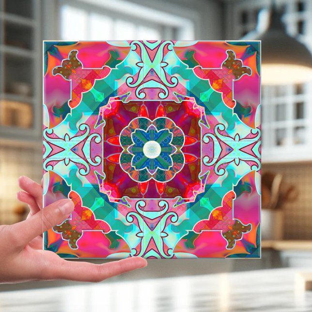 Azulejo de Design Abstrato de Felicidade Geométric (Tile featuring an abstract geometric kaleidoscope pattern inspired in a variety of colors)