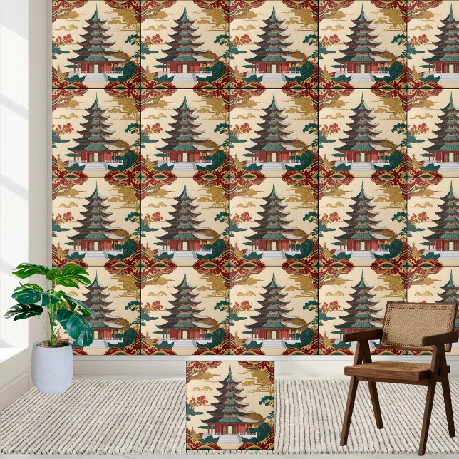 Azulejo de Design Asiático Pagoda Chinoiserie (Asian Pagoda Chinoiserie Design Tile)