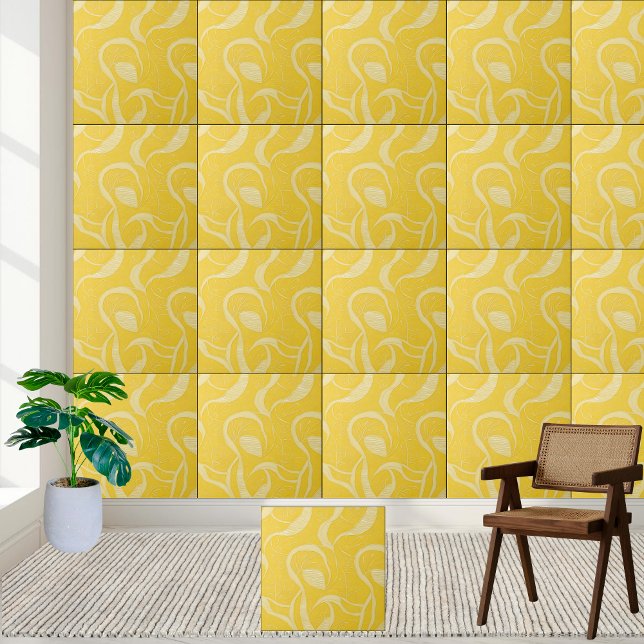 Azulejo de espiral amarelo ensolarado, padrão cerâ (Sunny Yellow Abstract Swirl Pattern Ceramic Tile)