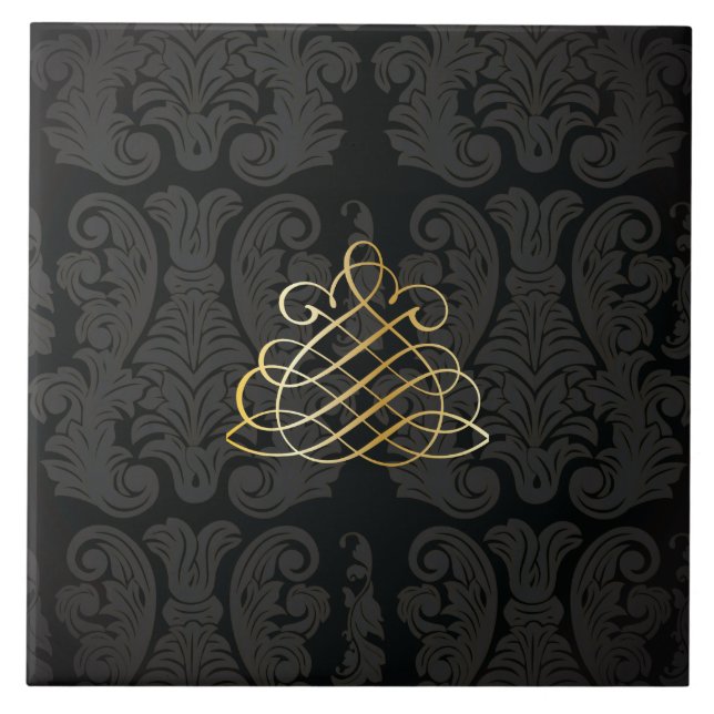 Azulejo de Estilo Real Clássico Damask Black gold (Frente)