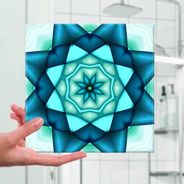 Azulejo de Estrelas Florais Cerâmicas de Turquesa  (Ceramic tile with a gorgeous geometric abstract fractal design in vibrant turquoise teal)