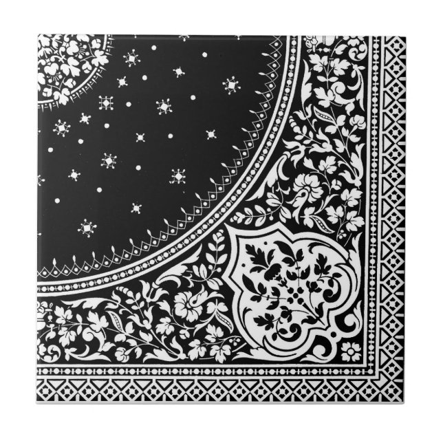 Azulejo de Padrão de Rug Persa Preto e Branco (Frente)