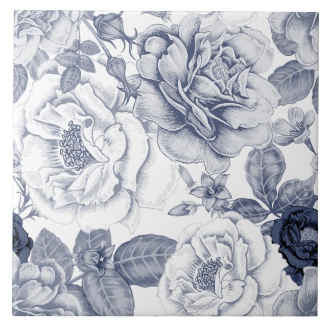 Azulejo de padrão floral branco azul Elegante (Frente)
