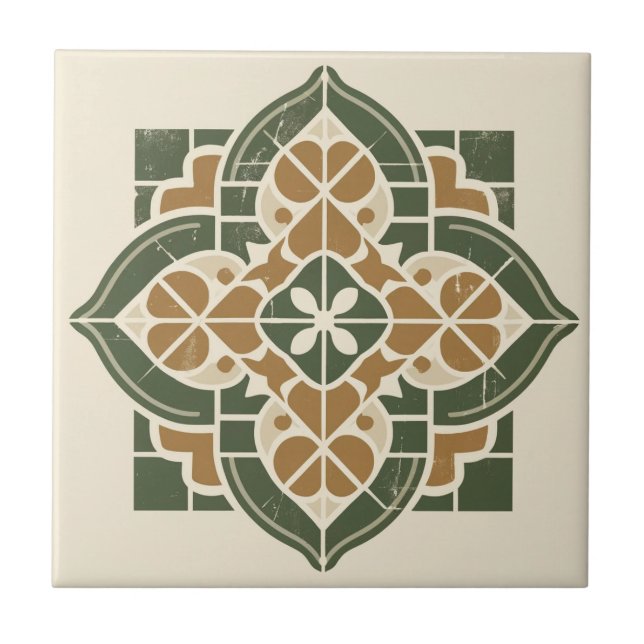 Azulejo de padrão geométrico verde, Dourado e crem (Frente)