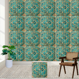 Azulejo de Padrão Grego Antigo - Teal e Dourado