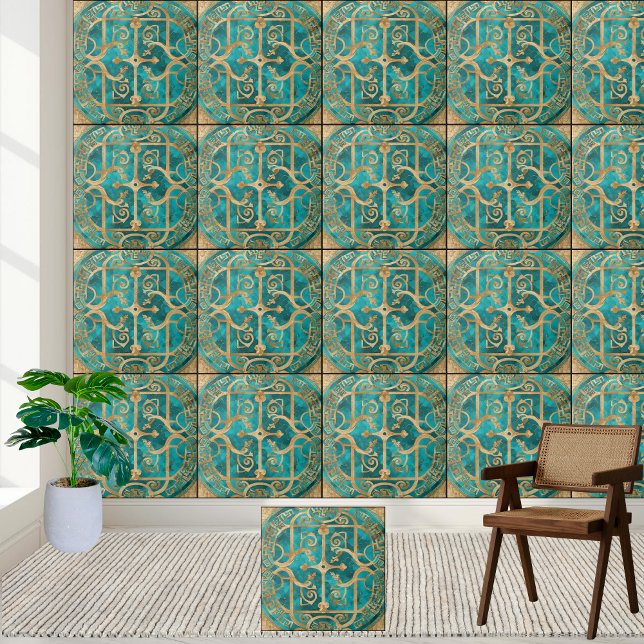 Azulejo de Padrão Grego Antigo - Teal e Dourado (Ancient Greek Key Pattern Tile - Teal and Gold)
