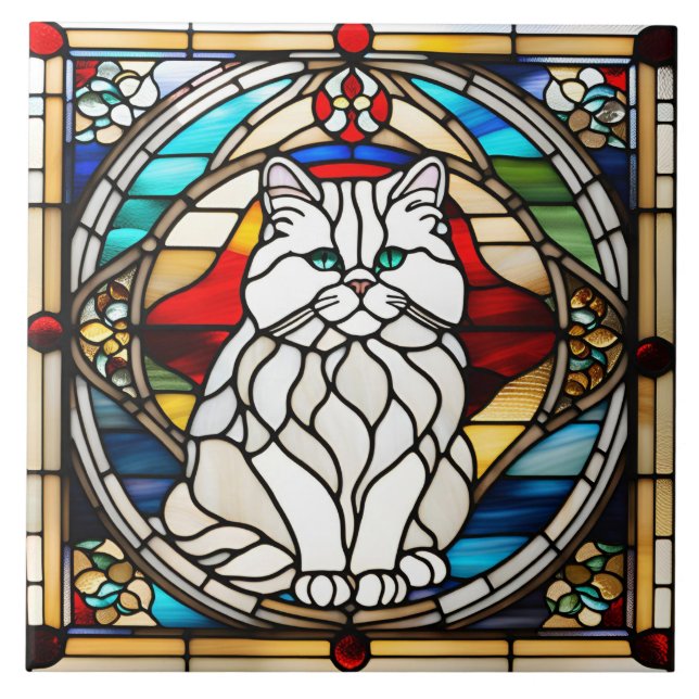 Azulejo de Vidro Estampado de Gato Persa Branco (Frente)