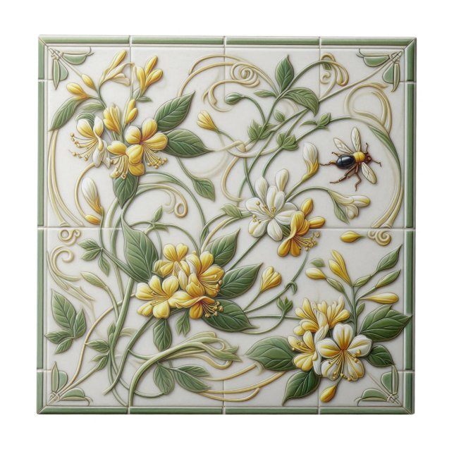 Azulejo Decorativo Amarelo de Honeysuckle e Flores (Frente)
