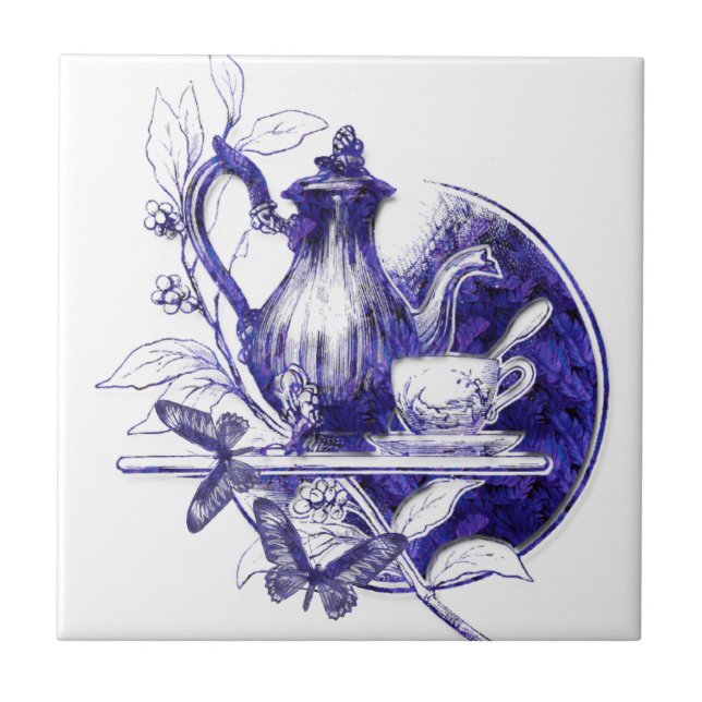 Azulejo decorativo azul de Teapot&Butterflies do v (Frente)