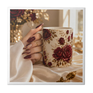 Azulejo Decorativo de Cerâmica Floral Burgundy Ele