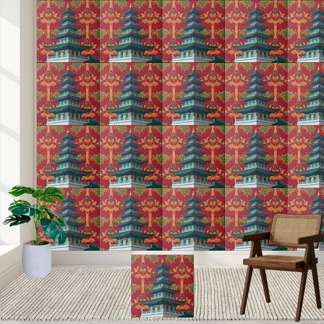 Azulejo Decorativo Pagoda Asiático Tradicional (Traditional Asian Pagoda Decorative Tile)