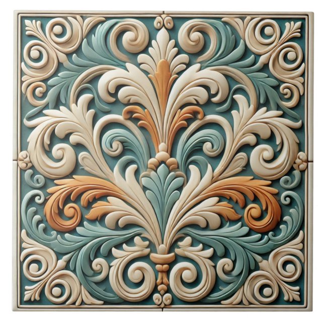 Azulejo Elegante Simétrico de Cerâmica Floral (Frente)
