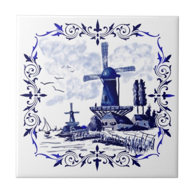 Azulejo feito sob encomenda da cena azul do moinho (Frente)