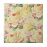 Azulejo Floral chique<br><div class="desc">Rosas amarelas ensolaradas e margaridas cor-de-rosa adoram este padrão alegre! Pastos macios sobre fundo de linho ligeiramente angustiado.</div>