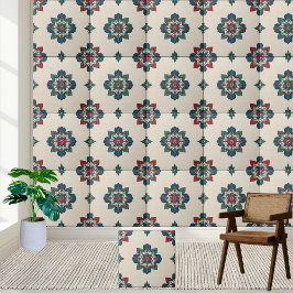 Azulejo Floral de Mandala em Vermelho Teal e Verde