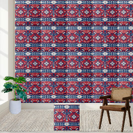 Azulejo Floral Escandinavo Negrito em Azul Vermelh