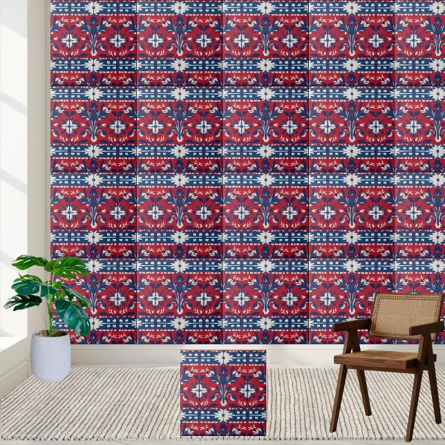 Azulejo Floral Escandinavo Negrito em Azul Vermelh (Bold Scandinavian Floral Tile in Red Blue & White)
