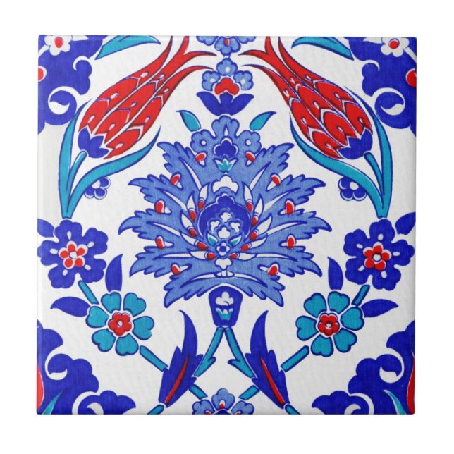 Azulejo floral turco antigo do vermelho azul de (Frente)