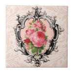 Azulejo Floral Vintage<br><div class="desc">Borda,  rosas cor-de-rosa e fundo úmido pálido de pêssego.</div>