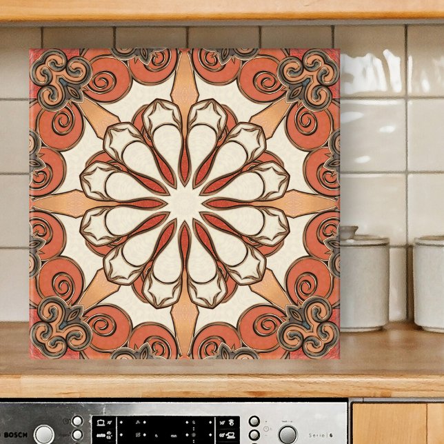 Azulejo Geométrico na moda (Tile featuring an abstract geometric pattern in warm terracotta with earth tones and ivory)