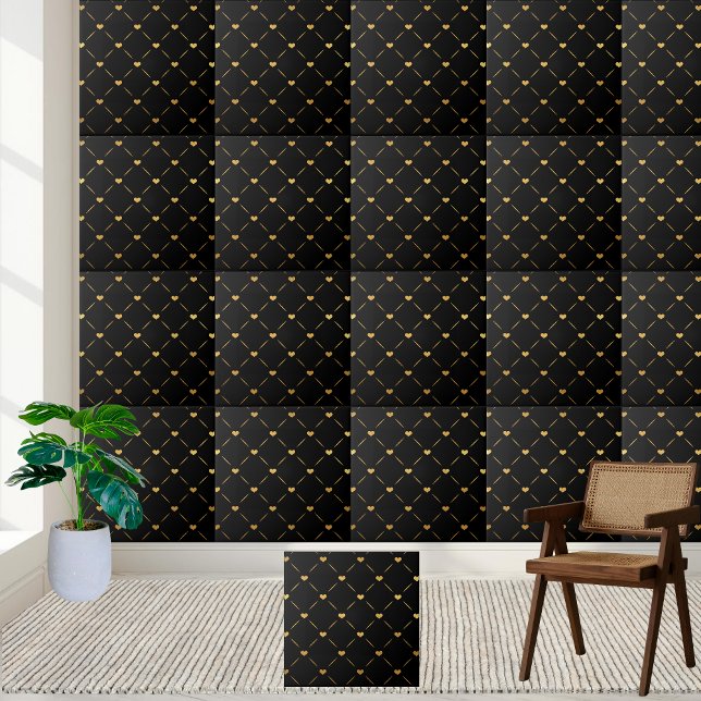 Azulejo Luxuoso e Elegante de Corações Dourados e  (Luxurious and Elegant Black and Gold Hearts Tile)