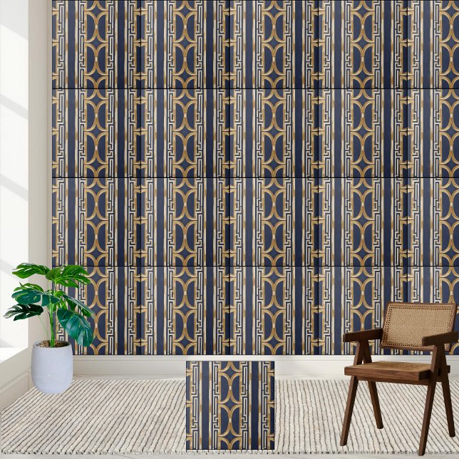 Azulejo marinho azul e geométrico grego Dourado (Navy Blue and Gold Geometric Greek Key Tile)