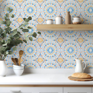 Azulejo marroquino com aquarela azul e laranja