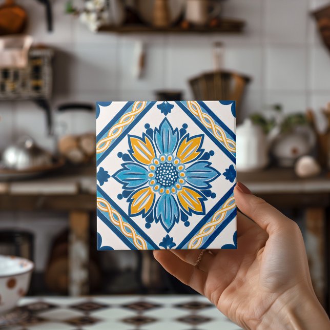 Azulejo Mediterrâneo Floral Deco Azulejo Amarelo (Blue Yellow Azulejo Mediterranean Floral Home Deco Ceramic Tile)