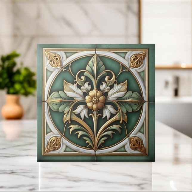 Azulejo Oriental Floral Ornament - Verde e Dourado (Criador carregado)