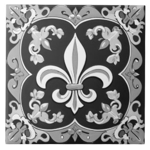 Azulejo preto e branco Fleur de Lis Cerâmica