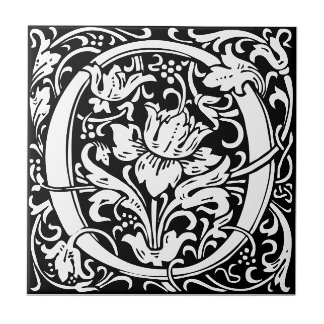 Azulejo preto e branco - Letra O art nouveau (Frente)
