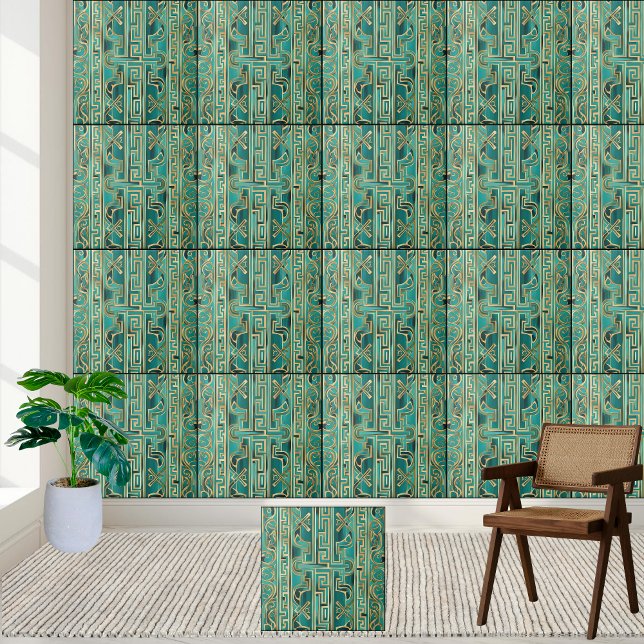 Azulejo sofisticado de padrão-chave grego e Dourad (Sophisticated Teal and Gold Greek Key Pattern Tile)