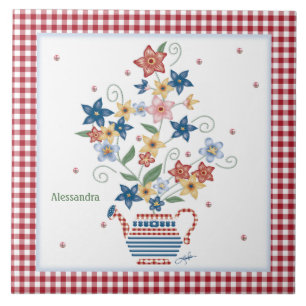 Azulejo Stencil Floral Vermelho Gingham Personaliz