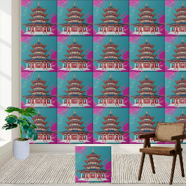 Azulejo Teal & Magenta Oriental Pagoda Chinoiserie