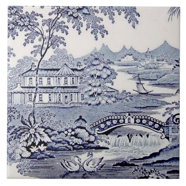 Azulejo Vitoriano Inglês Blue Willow Repro 1899 (Frente)